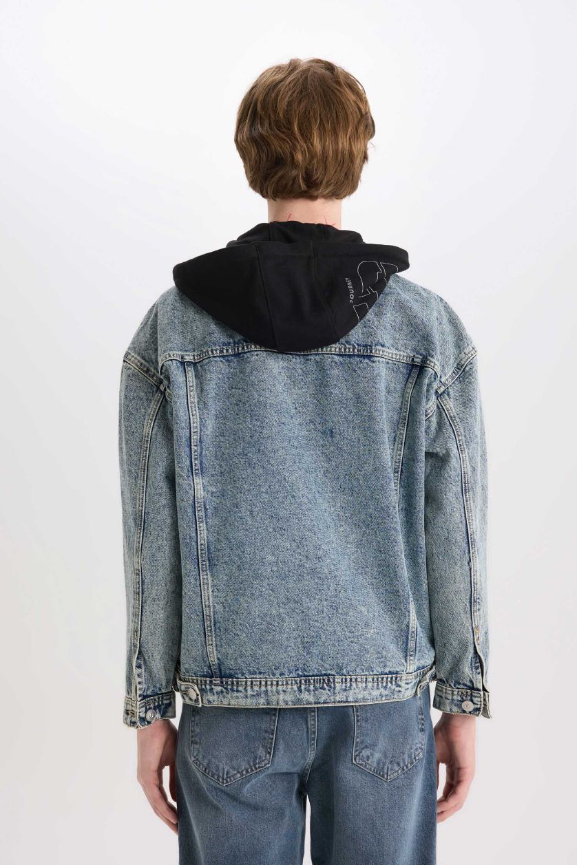 Erkek Açık Mavi %100 Pamuk Oversize Geniş Kalıp Kapüşonlu Düğmeli Mevsimlik Baharlık Denim Ceket