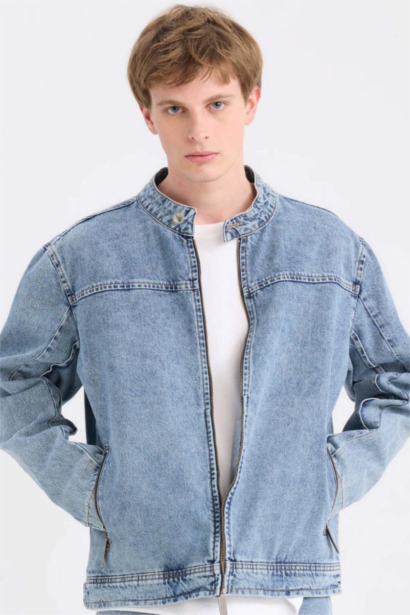 رجالي أزرق فاتح جاكيت قطن جينز قصة عادية بجيب وسوسته بياقة كوليج
