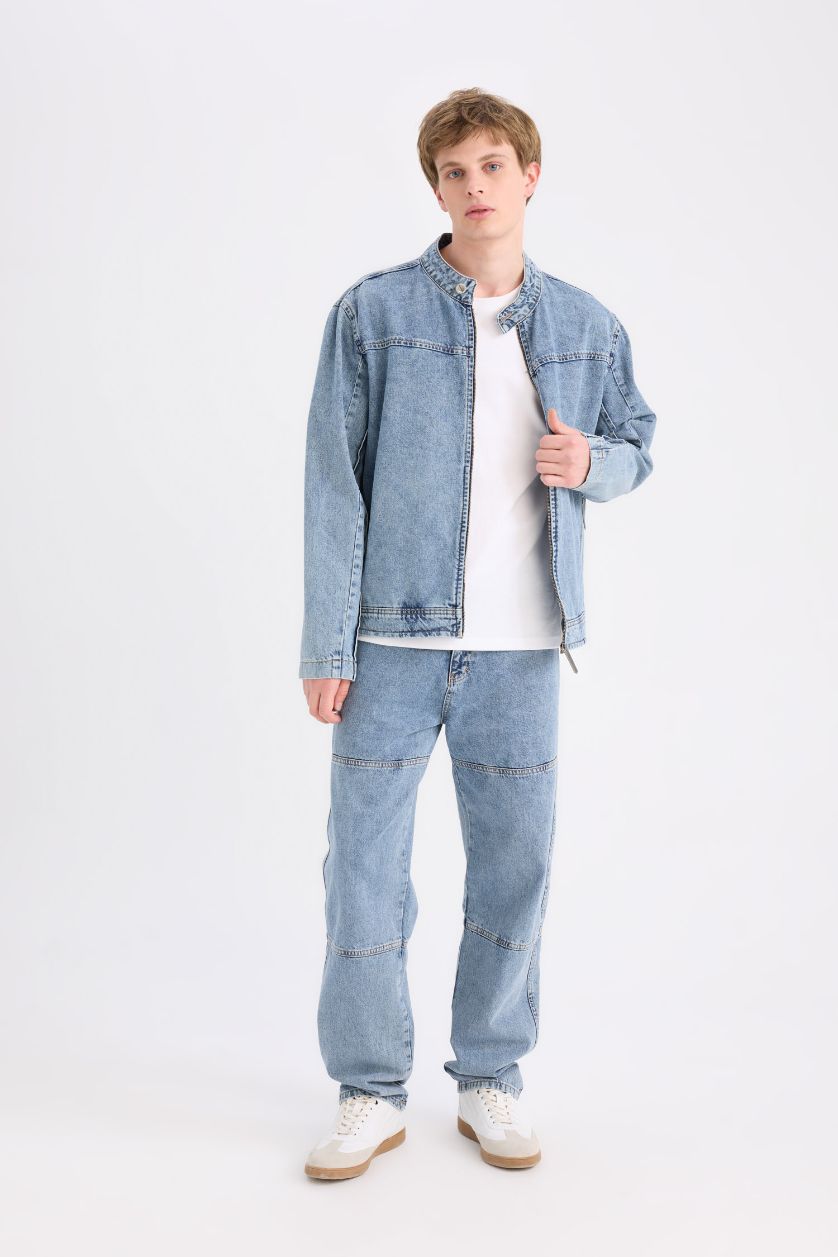 رجالي أزرق فاتح جاكيت قطن جينز قصة عادية بجيب وسوسته بياقة كوليج