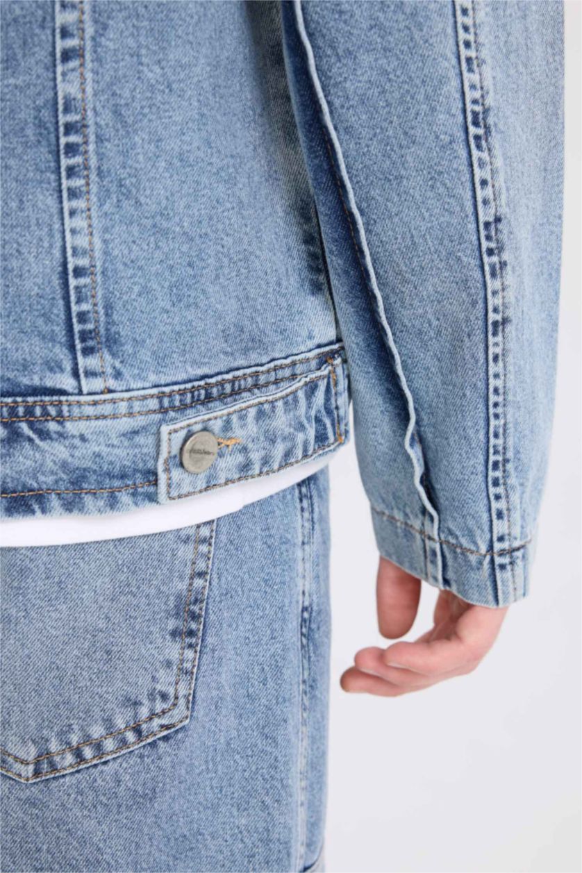 رجالي أزرق فاتح جاكيت قطن جينز قصة عادية بجيب وسوسته بياقة كوليج