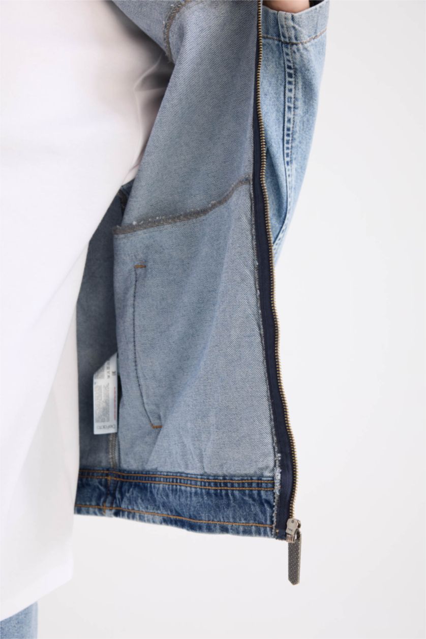 رجالي أزرق فاتح جاكيت قطن جينز قصة عادية بجيب وسوسته بياقة كوليج