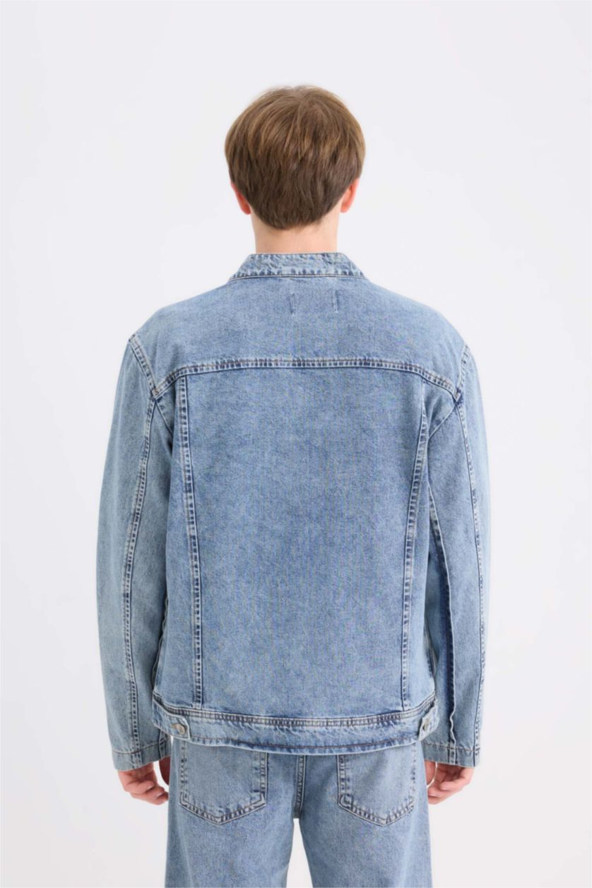 رجالي أزرق فاتح جاكيت قطن جينز قصة عادية بجيب وسوسته بياقة كوليج