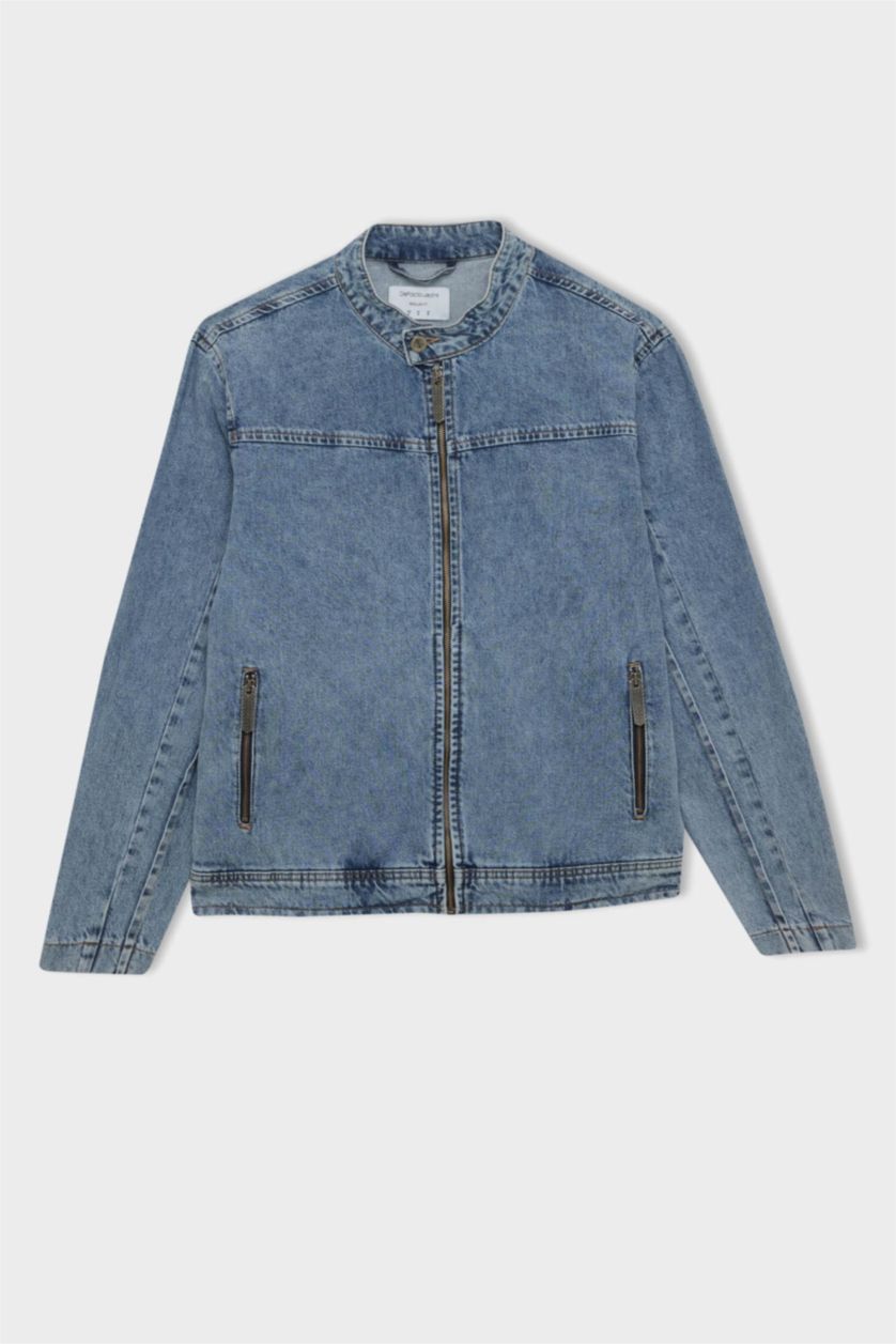 رجالي أزرق فاتح جاكيت قطن جينز قصة عادية بجيب وسوسته بياقة كوليج