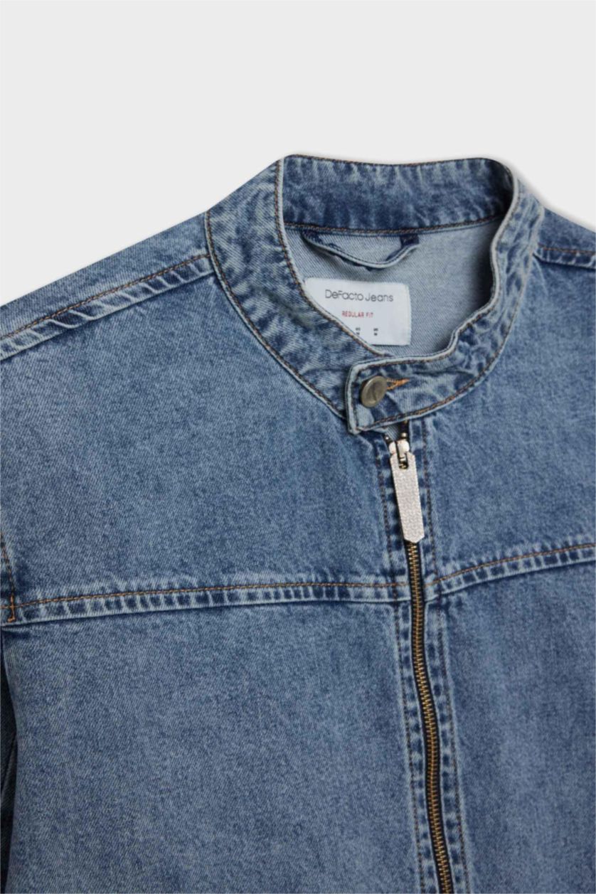 رجالي أزرق فاتح جاكيت قطن جينز قصة عادية بجيب وسوسته بياقة كوليج