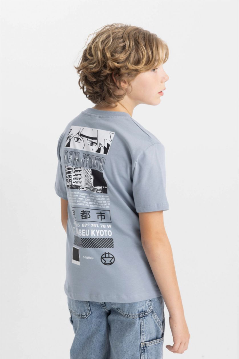 Erkek Çocuk - Genç Erkek Açık Gri Bisiklet Yaka Sırt Baskılı Kısa Kollu Tişört Erkek Çocuk