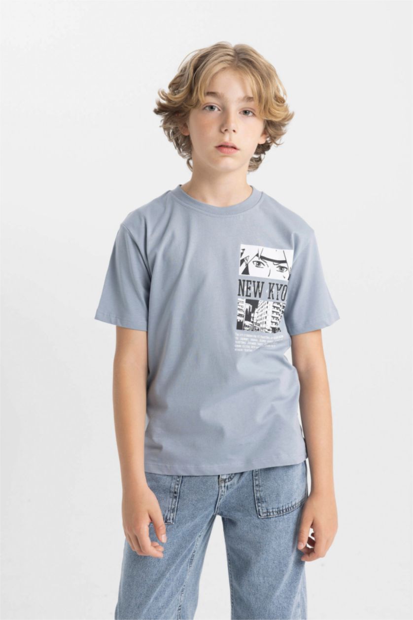 Erkek Çocuk - Genç Erkek Açık Gri Bisiklet Yaka Sırt Baskılı Kısa Kollu Tişört Erkek Çocuk