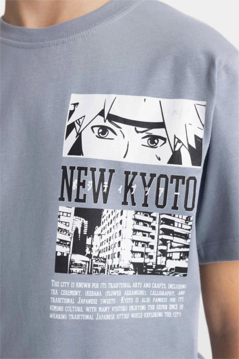 Erkek Çocuk - Genç Erkek Açık Gri Bisiklet Yaka Sırt Baskılı Kısa Kollu Tişört Erkek Çocuk