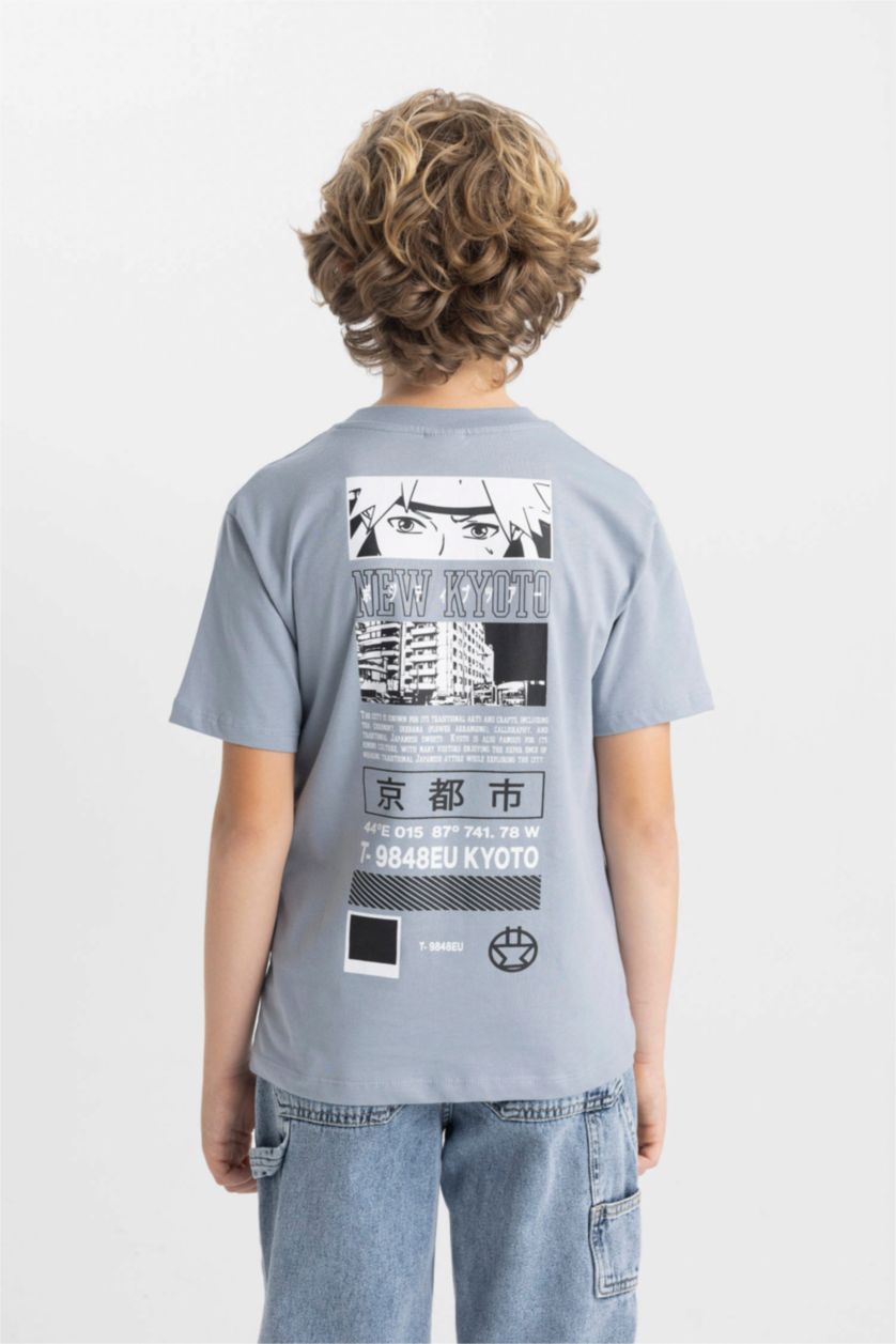 Erkek Çocuk - Genç Erkek Açık Gri Bisiklet Yaka Sırt Baskılı Kısa Kollu Tişört Erkek Çocuk