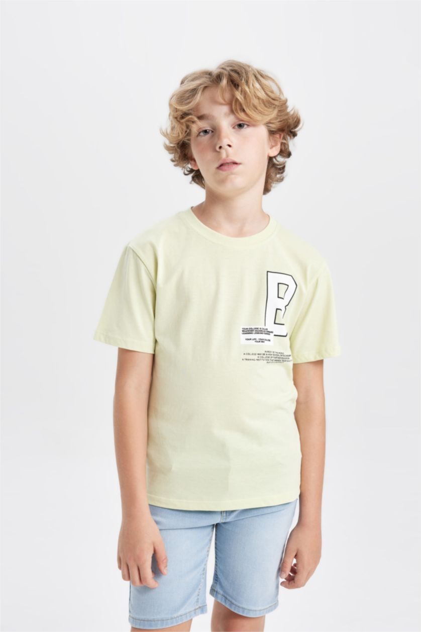 أولادي نعناعي فاتح تيشيرت اولادي نص كم مطبوع قصة عادية برقبة مستديرة