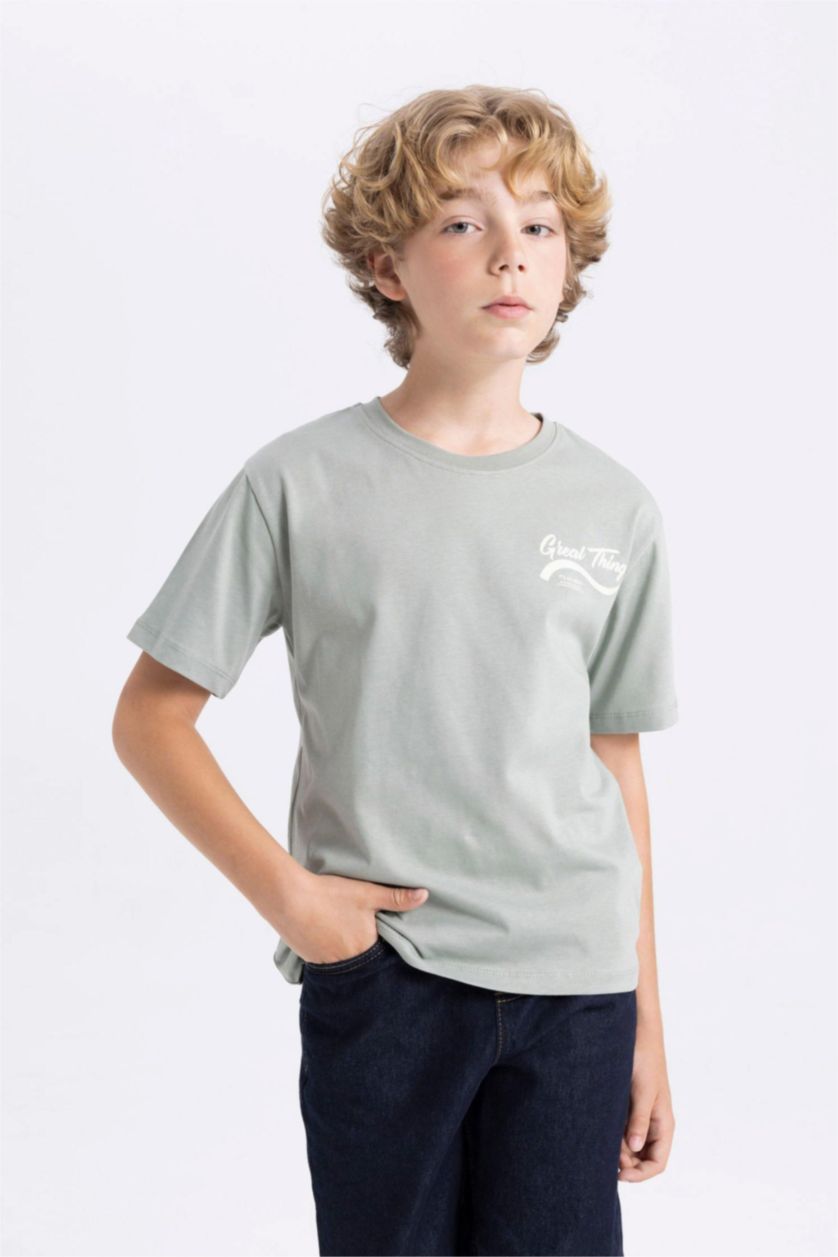 Erkek Çocuk - Genç Erkek Açık Haki Erkek Çocuk Bisiklet Yaka Sırt Baskılı Kısa Kollu Tişört