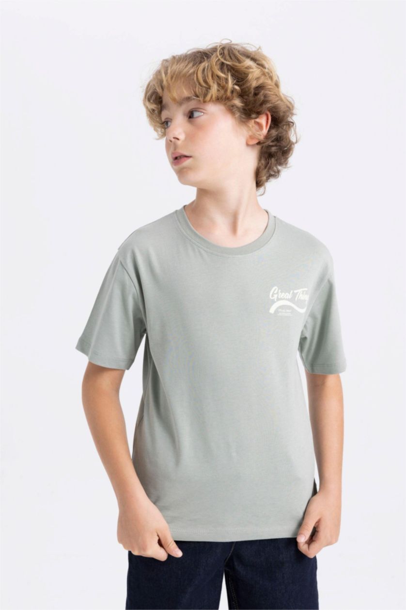 Erkek Çocuk - Genç Erkek Açık Haki Erkek Çocuk Bisiklet Yaka Sırt Baskılı Kısa Kollu Tişört