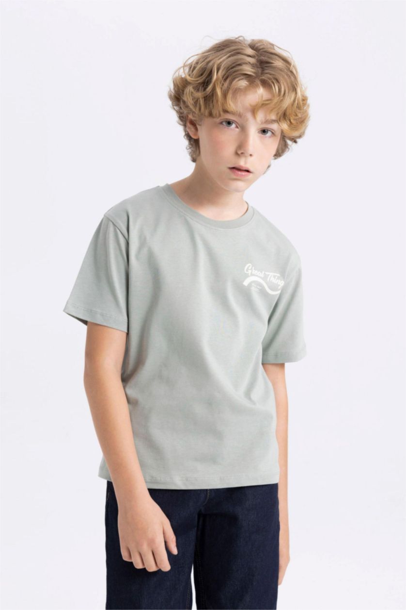 Erkek Çocuk - Genç Erkek Açık Haki Erkek Çocuk Bisiklet Yaka Sırt Baskılı Kısa Kollu Tişört