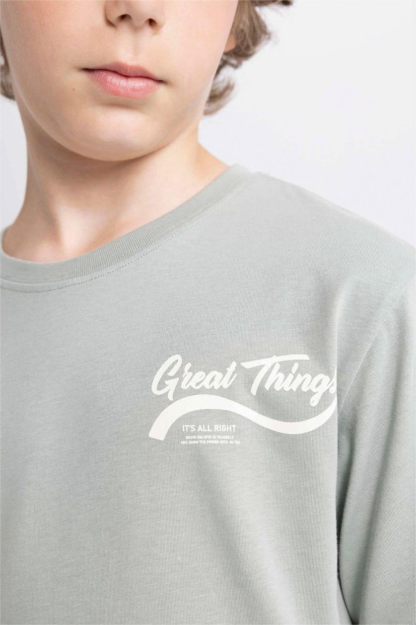 Erkek Çocuk - Genç Erkek Açık Haki Erkek Çocuk Bisiklet Yaka Sırt Baskılı Kısa Kollu Tişört