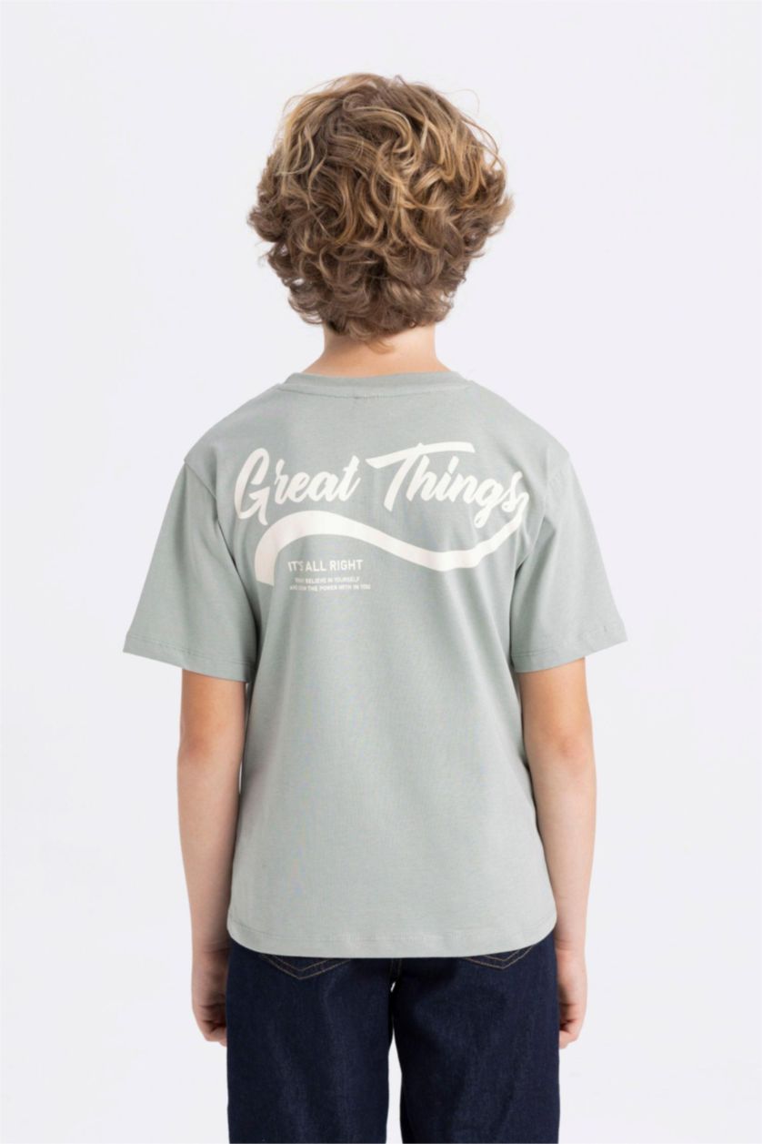 Erkek Çocuk - Genç Erkek Açık Haki Erkek Çocuk Bisiklet Yaka Sırt Baskılı Kısa Kollu Tişört