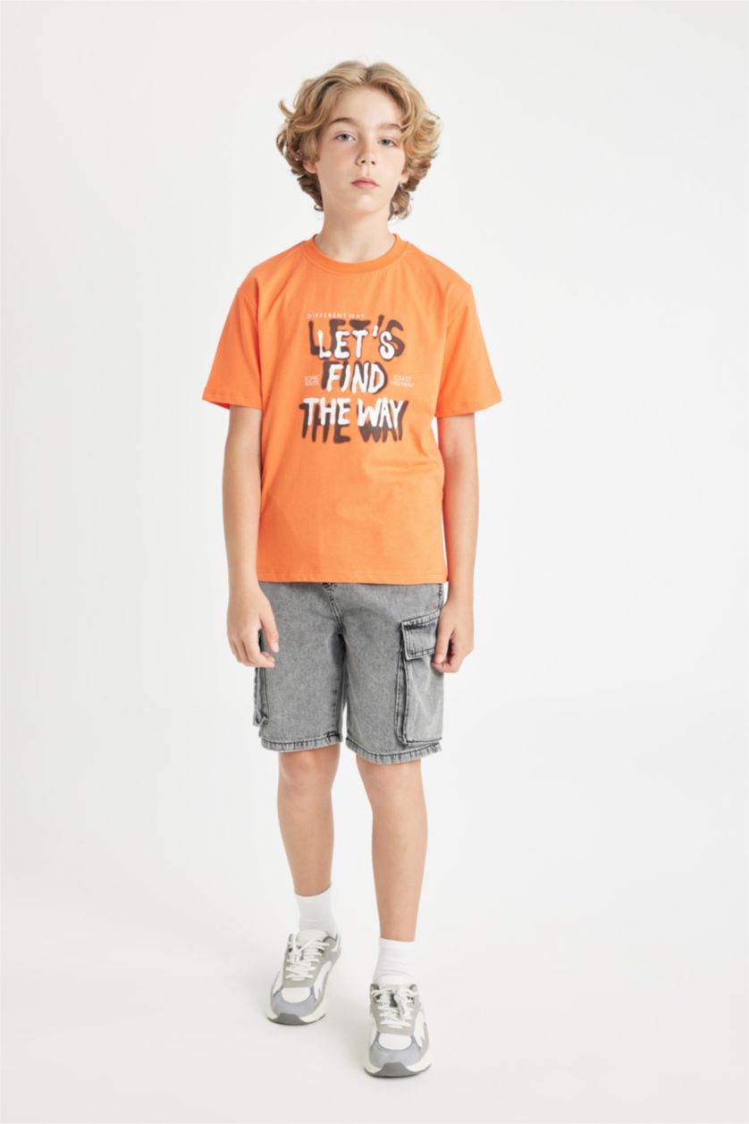 Erkek Çocuk - Genç Erkek Turuncu Bisiklet Yaka Baskılı Kısa Kollu Tişört Erkek Çocuk