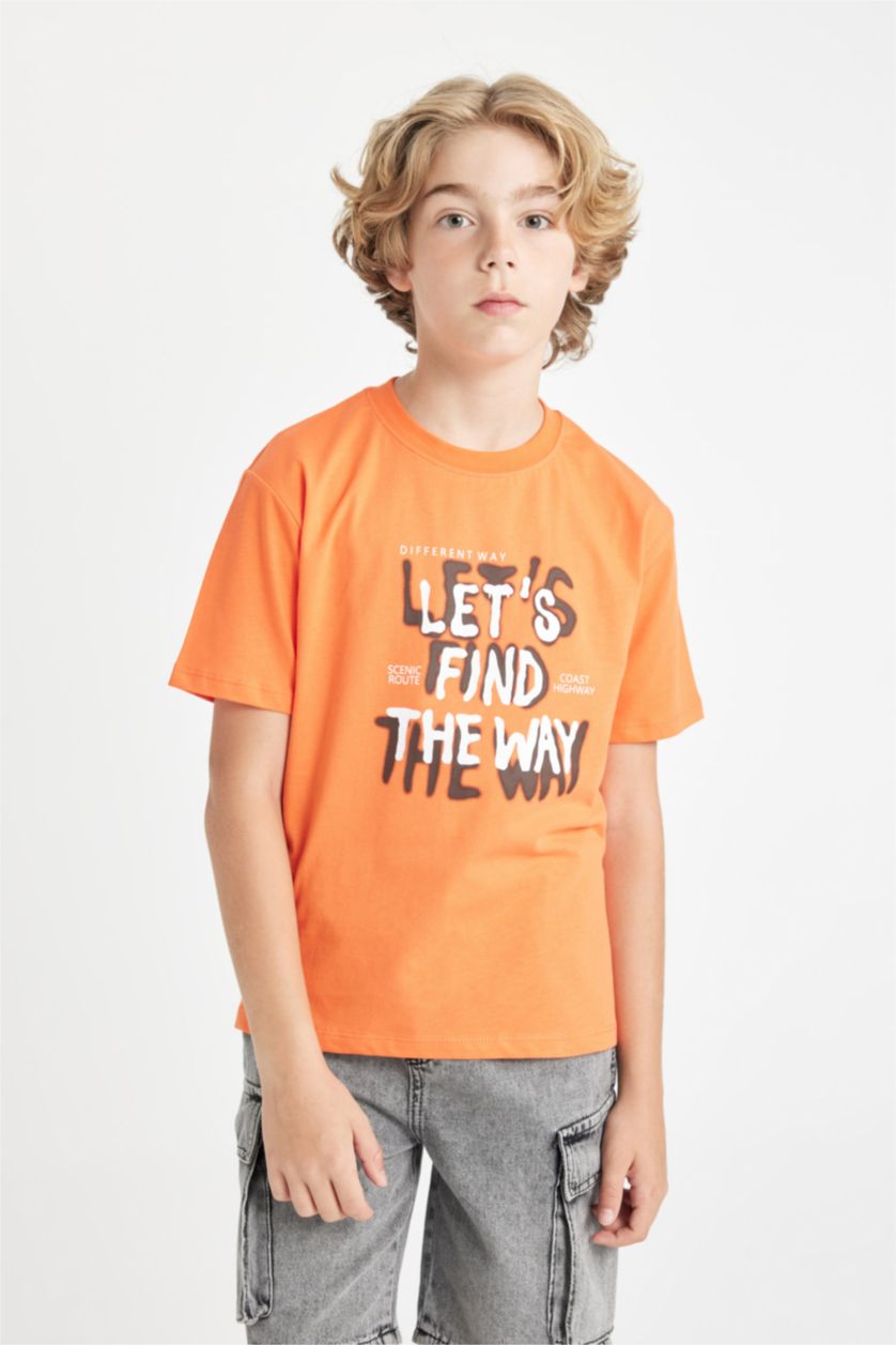 Erkek Çocuk - Genç Erkek Turuncu Bisiklet Yaka Baskılı Kısa Kollu Tişört Erkek Çocuk