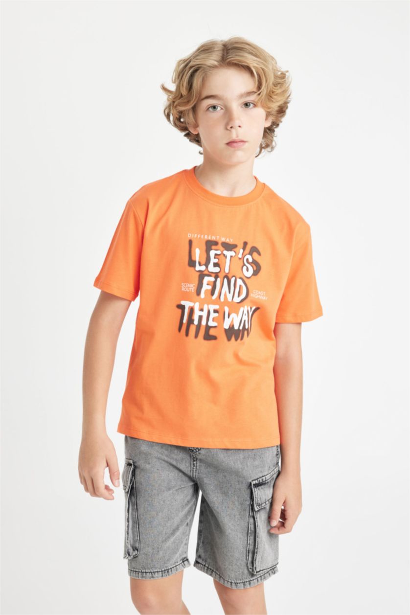 Erkek Çocuk - Genç Erkek Turuncu Bisiklet Yaka Baskılı Kısa Kollu Tişört Erkek Çocuk