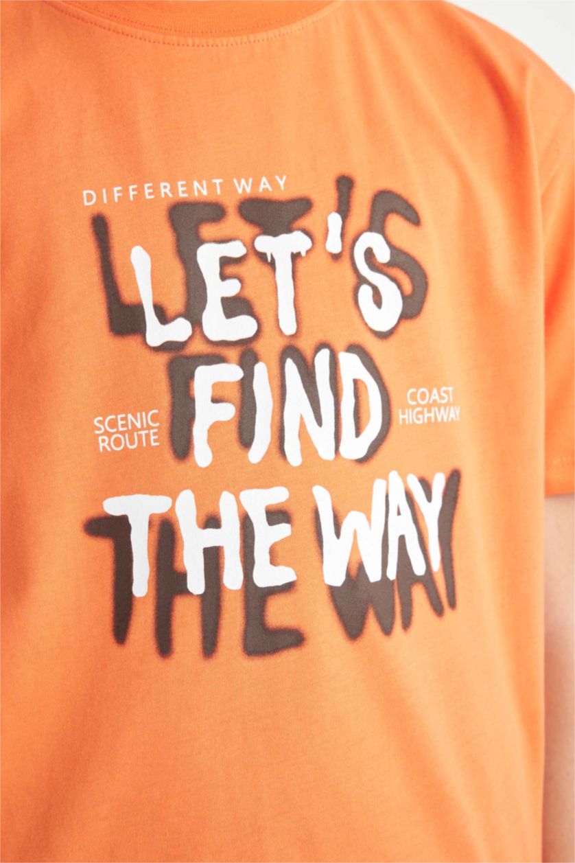 Erkek Çocuk - Genç Erkek Turuncu Bisiklet Yaka Baskılı Kısa Kollu Tişört Erkek Çocuk