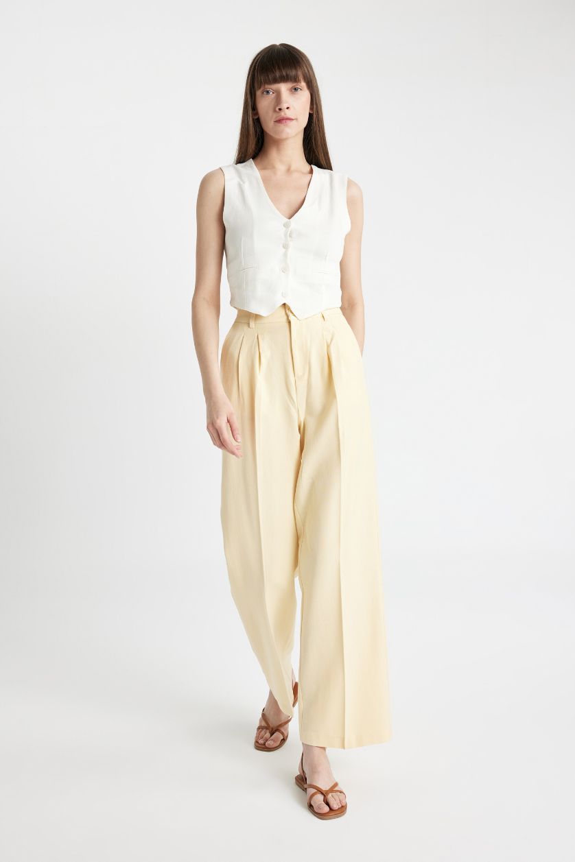 Kadın Sarı Keten Karışımlı Pantolon Wide Leg Cepli Geniş Bol Paça Pileli Yüksek Bel Basic Düz Standart Boy