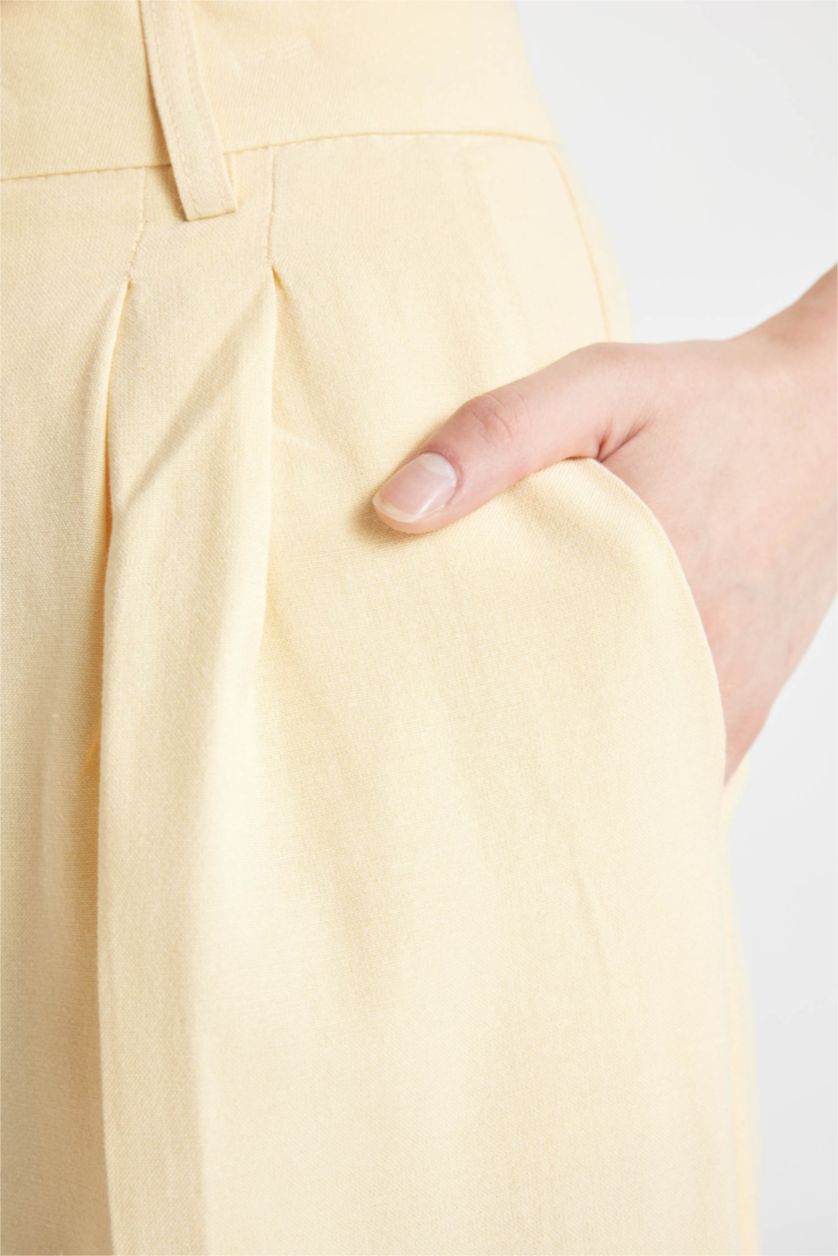 Kadın Sarı Keten Karışımlı Pantolon Wide Leg Cepli Geniş Bol Paça Pileli Yüksek Bel Basic Düz Standart Boy