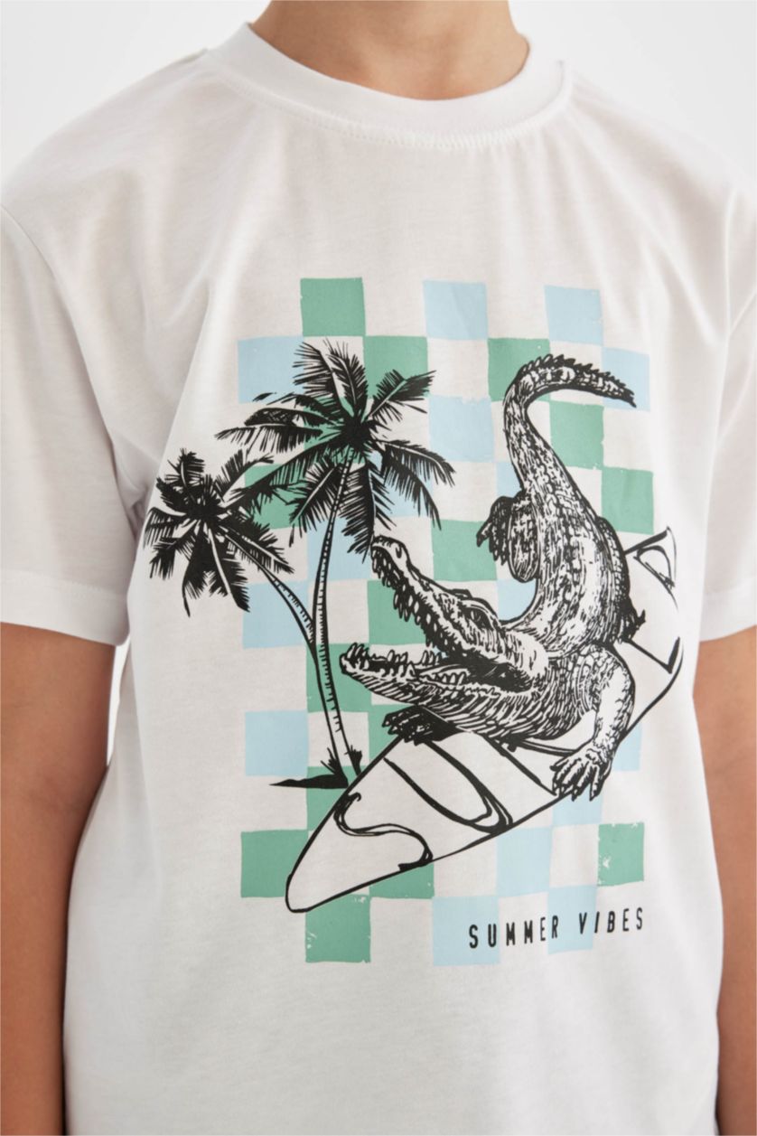 Erkek Çocuk - Genç Erkek Beyaz Bisiklet Yaka Baskılı Kısa Kollu Tişört Erkek Çocuk