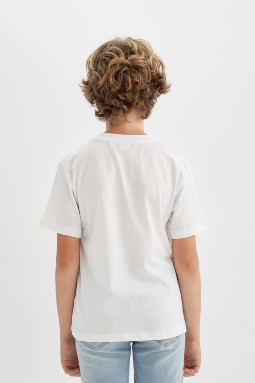 Erkek Çocuk - Genç Erkek Beyaz Bisiklet Yaka Baskılı Kısa Kollu Tişört Erkek Çocuk