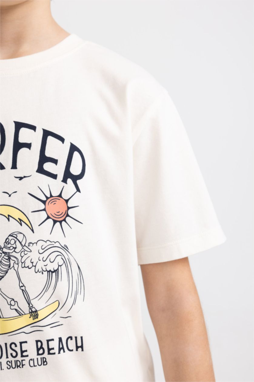 Erkek Çocuk - Genç Erkek Kırık Beyaz Bisiklet Yaka Baskılı Kısa Kollu Tişört Erkek Çocuk