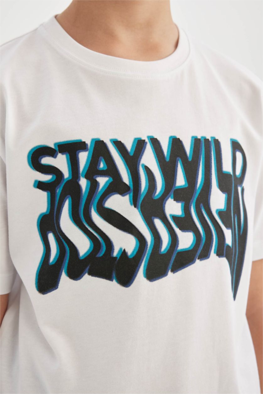 Erkek Çocuk - Genç Erkek Beyaz Erkek Çocuk Bisiklet Yaka Baskılı Kısa Kollu Tişört