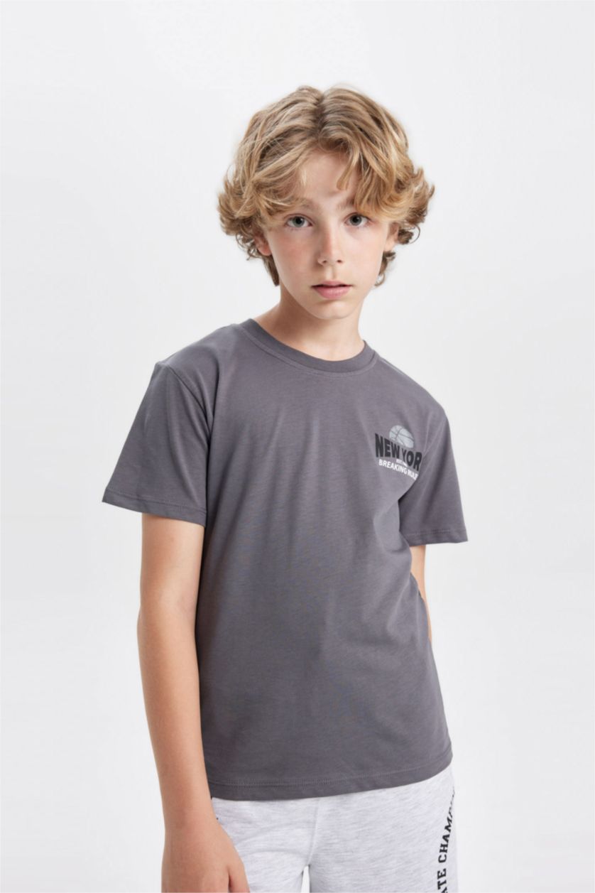 Boys & Teens Grey Boy Crew Neck Printed Short Sleeve T-Shirt