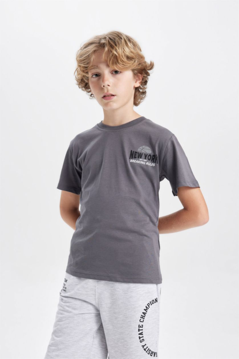 Boys & Teens Grey Boy Crew Neck Printed Short Sleeve T-Shirt