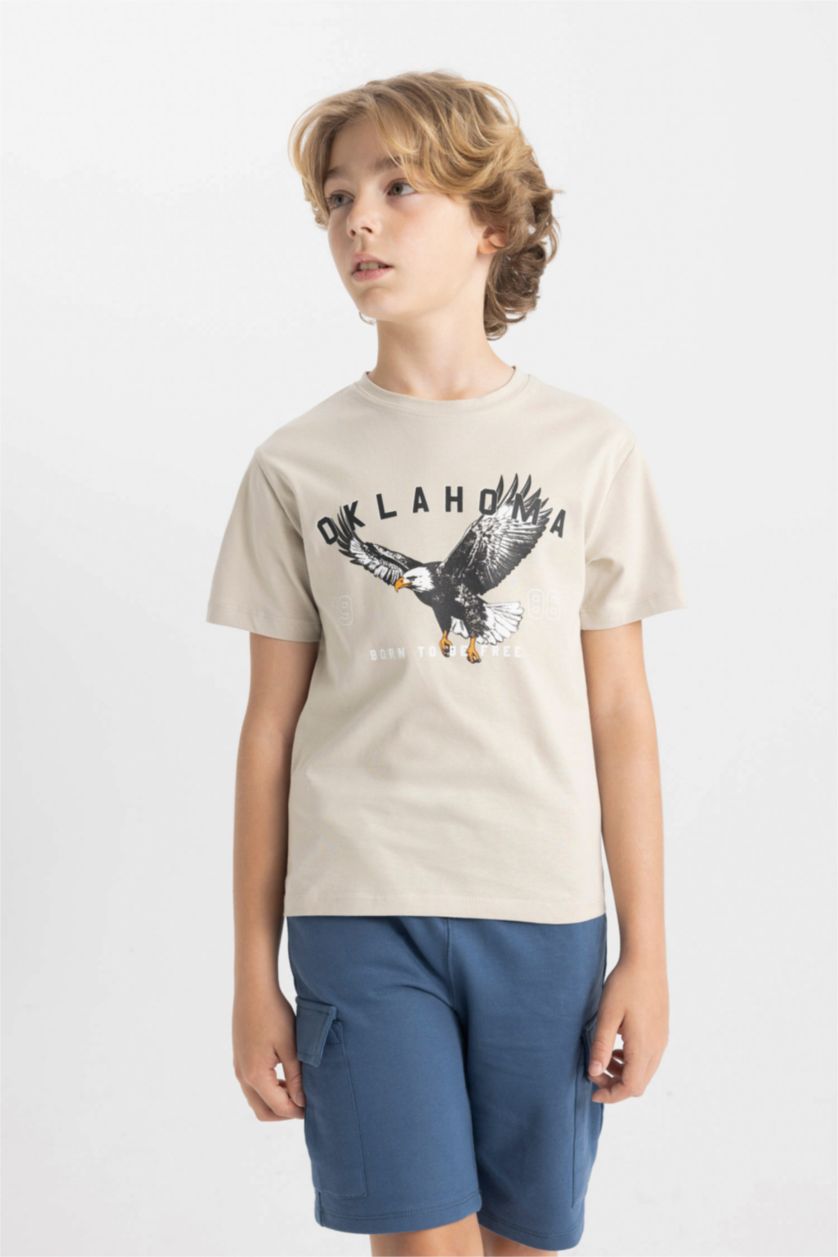 Erkek Çocuk - Genç Erkek Taş Bisiklet Yaka Baskılı Kısa Kollu Tişört Erkek Çocuk