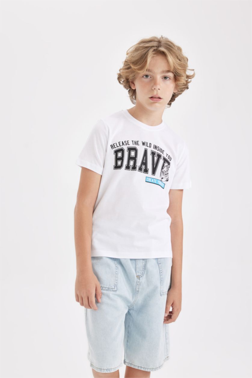 أولادي أبيض تيشيرت اولادي نص كم مطبوع قصة عادية برقبة مستديرة