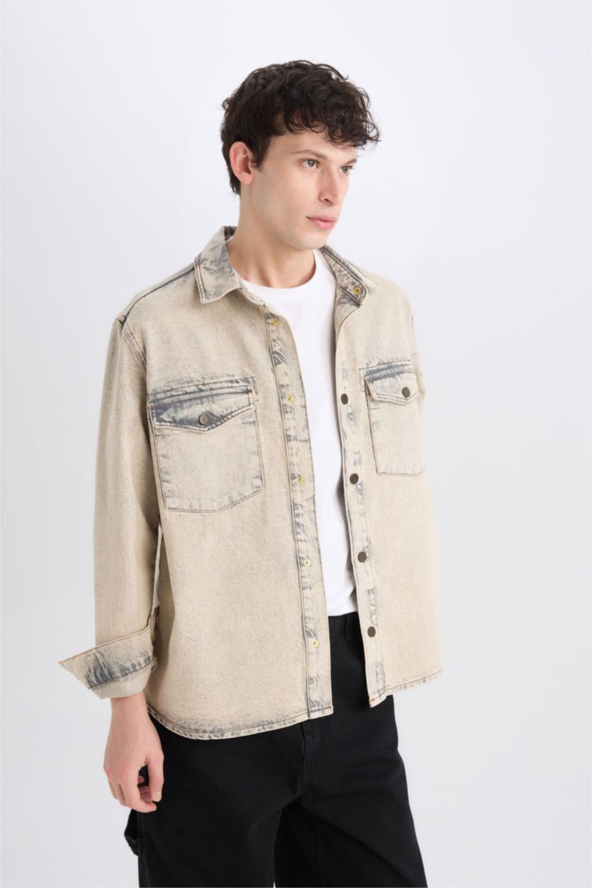 Erkek Açık Kahve %100 Pamuk Relax Fit Cepli Uzun Kollu Jean Gömlek