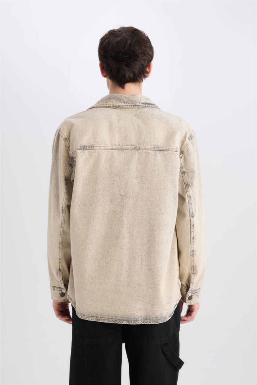 Erkek Açık Kahve %100 Pamuk Relax Fit Cepli Uzun Kollu Jean Gömlek