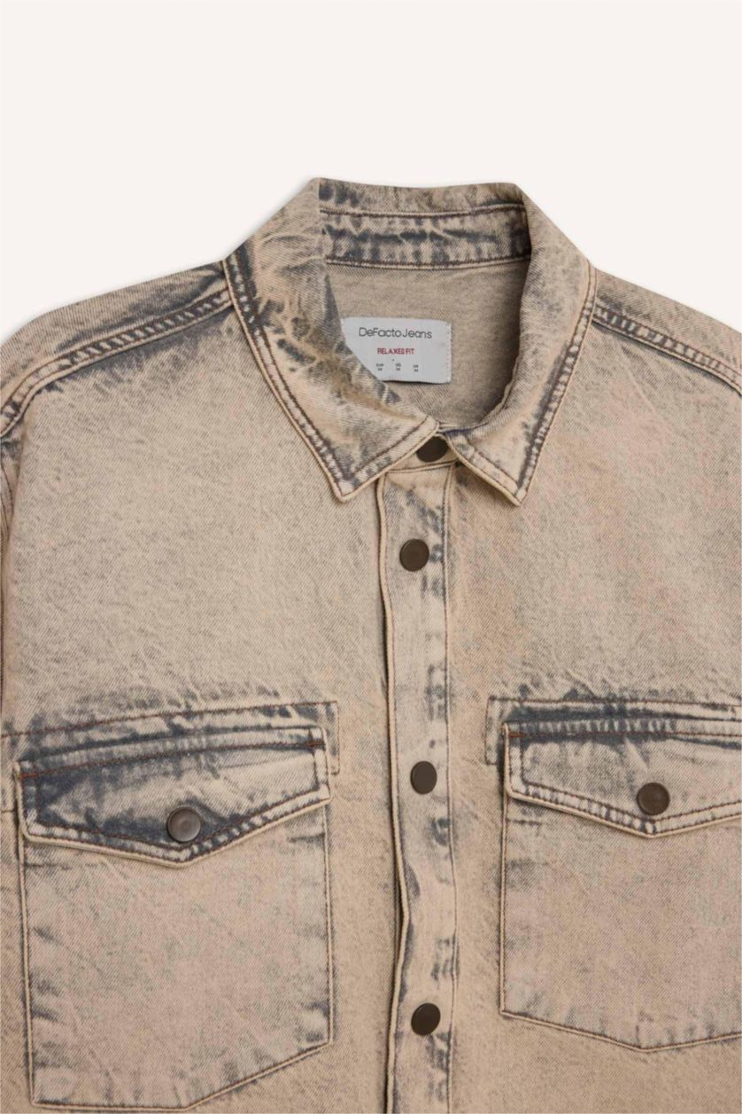 Erkek Açık Kahve %100 Pamuk Relax Fit Cepli Uzun Kollu Jean Gömlek