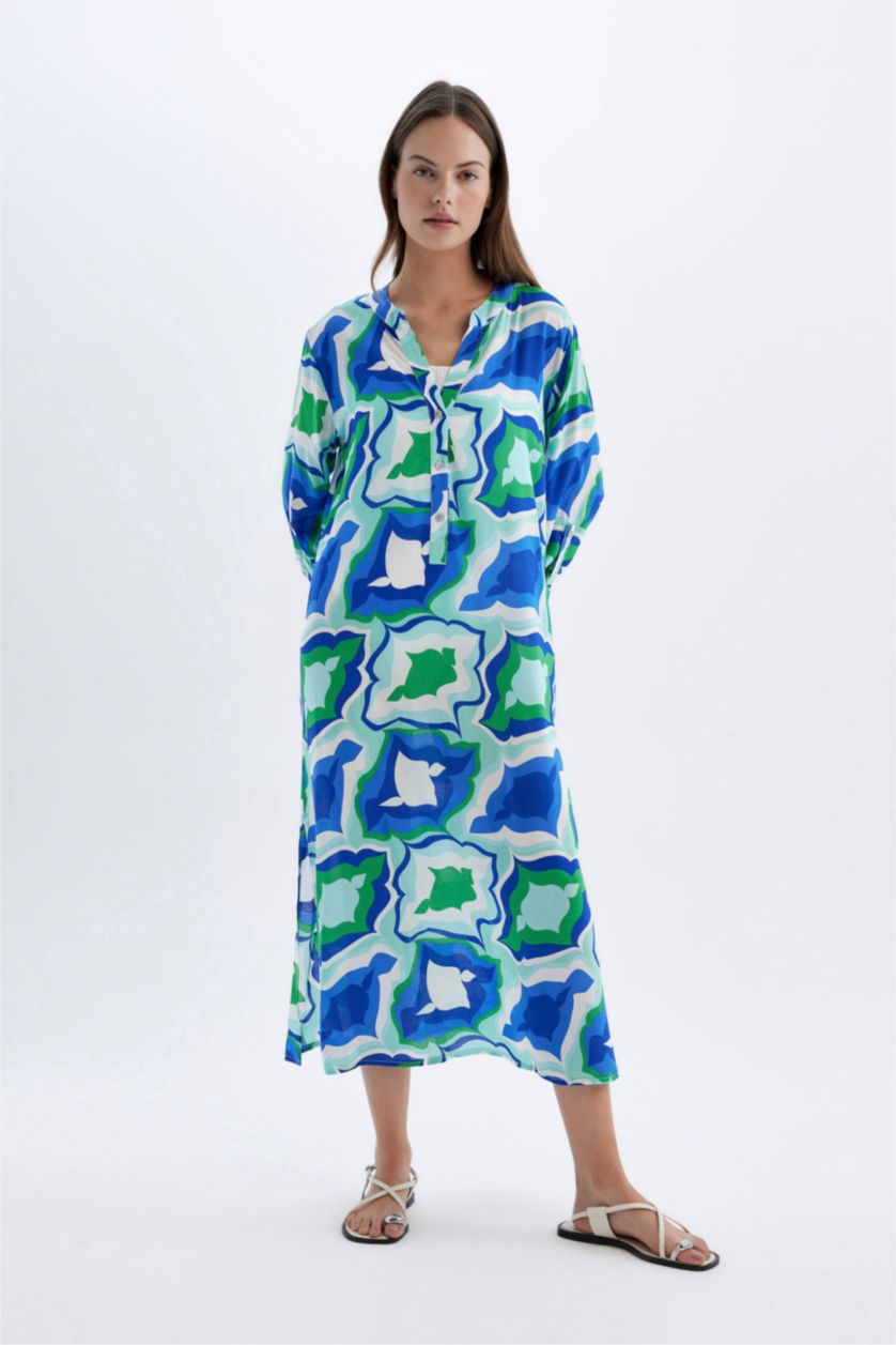 Kadın Saks Regular Fit Desenli Plaj Elbisesi