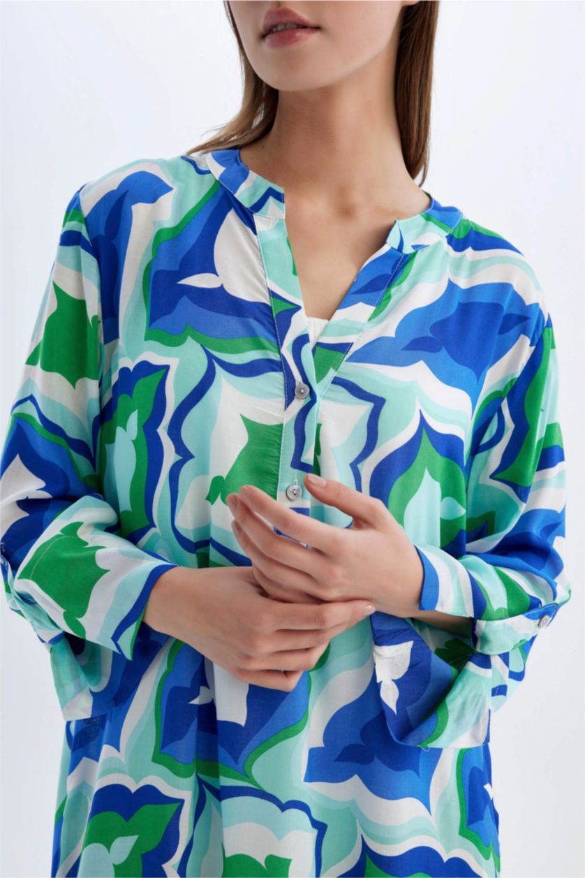 Kadın Saks Regular Fit Desenli Plaj Elbisesi