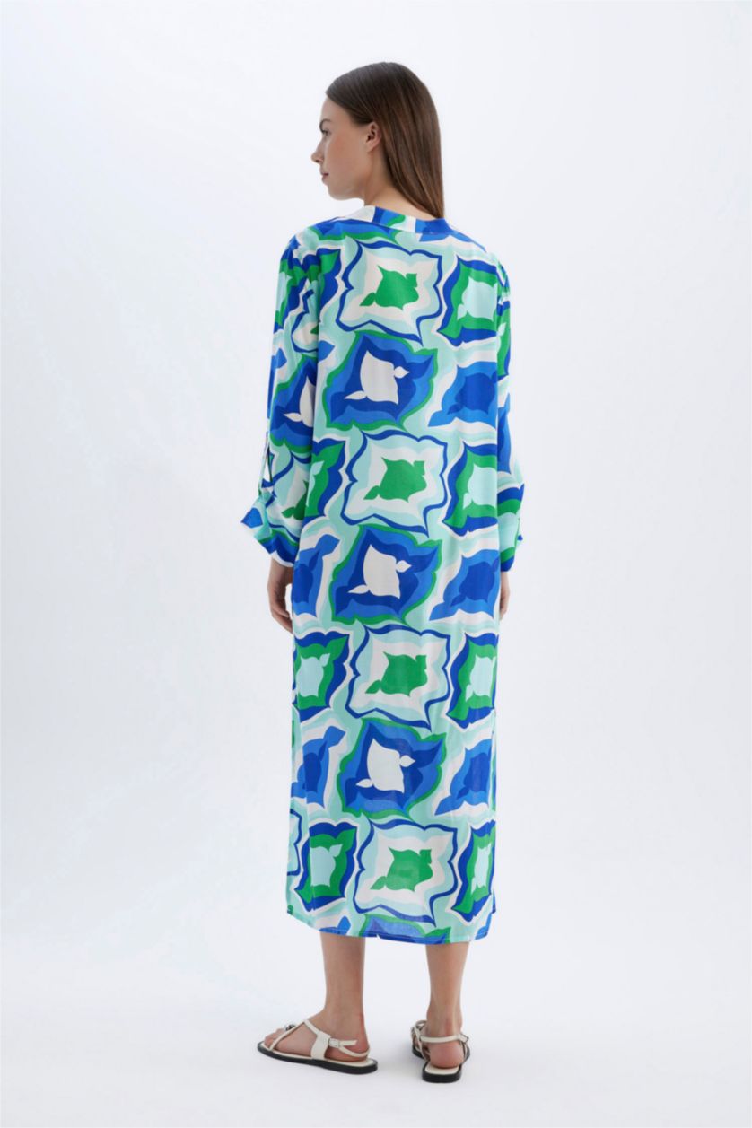 Kadın Saks Regular Fit Desenli Plaj Elbisesi