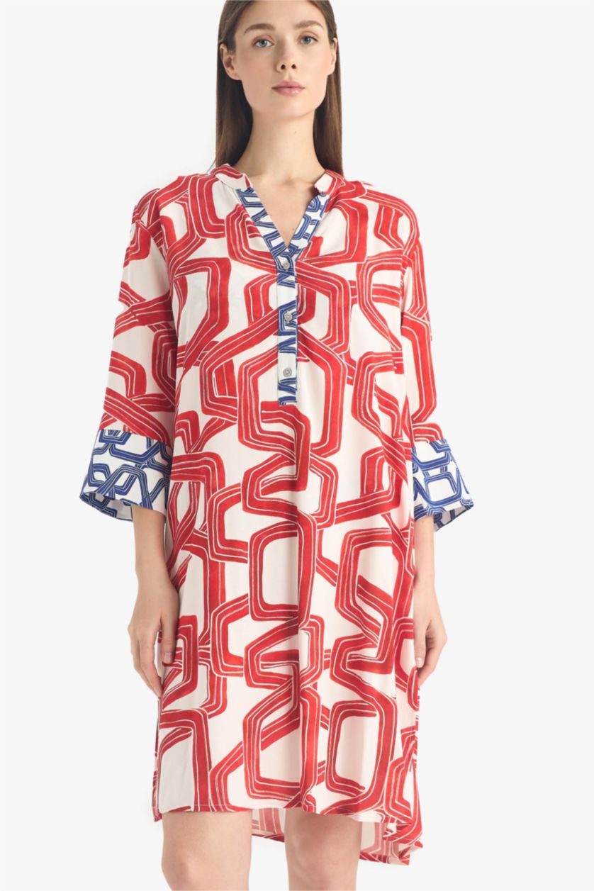 Kadın Kırmızı Regular Fit Desenli Plaj Elbisesi