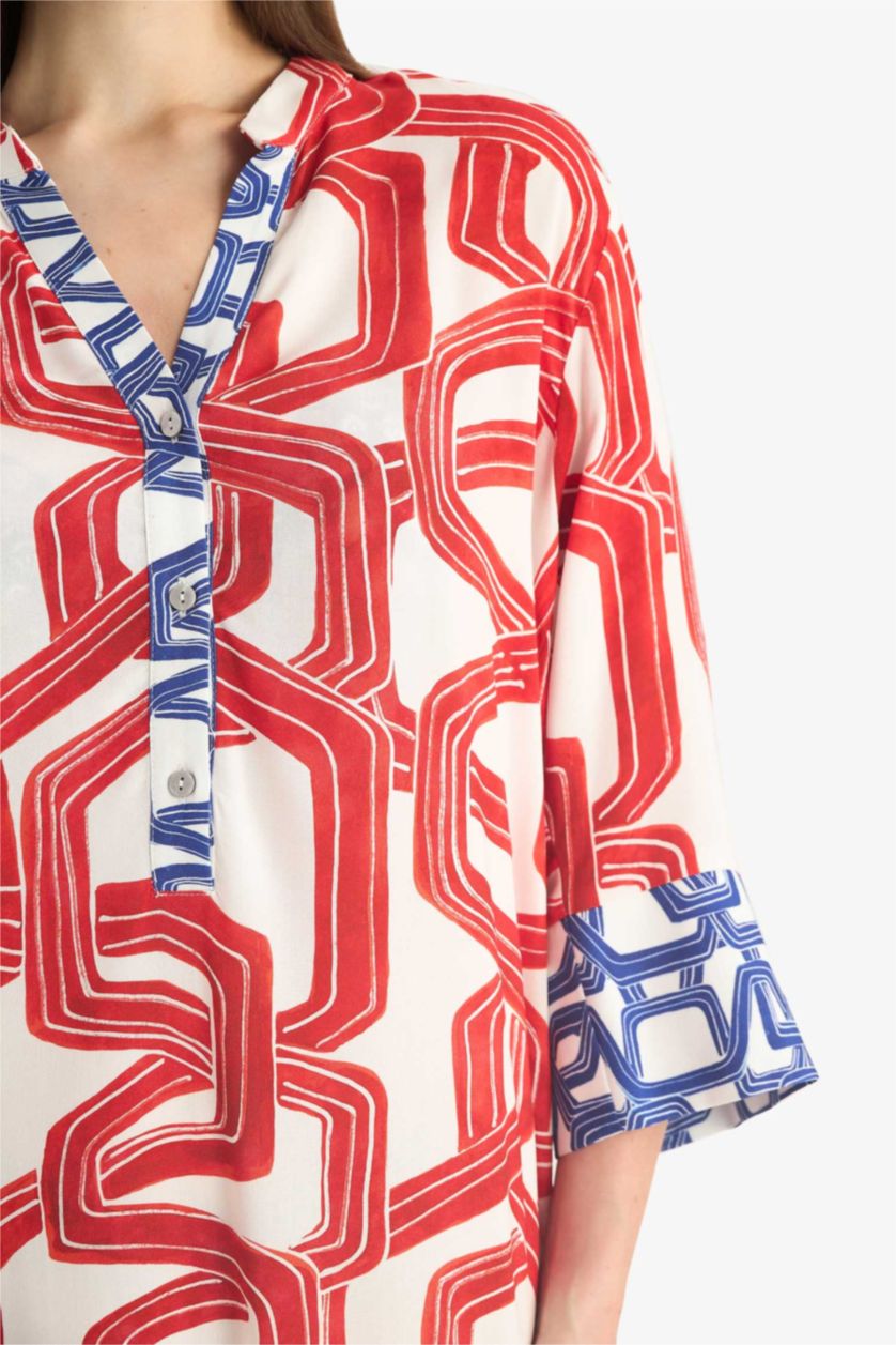 Kadın Kırmızı Regular Fit Desenli Plaj Elbisesi