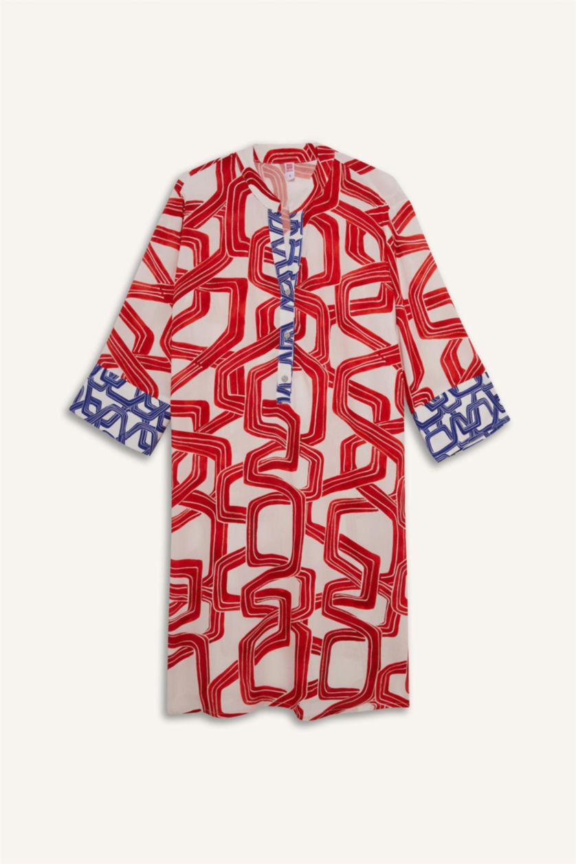 Kadın Kırmızı Regular Fit Desenli Plaj Elbisesi