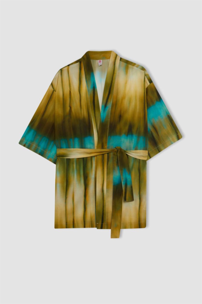 WOMAN Olive Patterned Cotton Beach Kimono