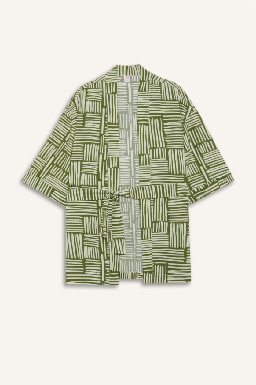 Kadın Haki Regular Fit Desenli Kuşaklı Pamuklu Kimono