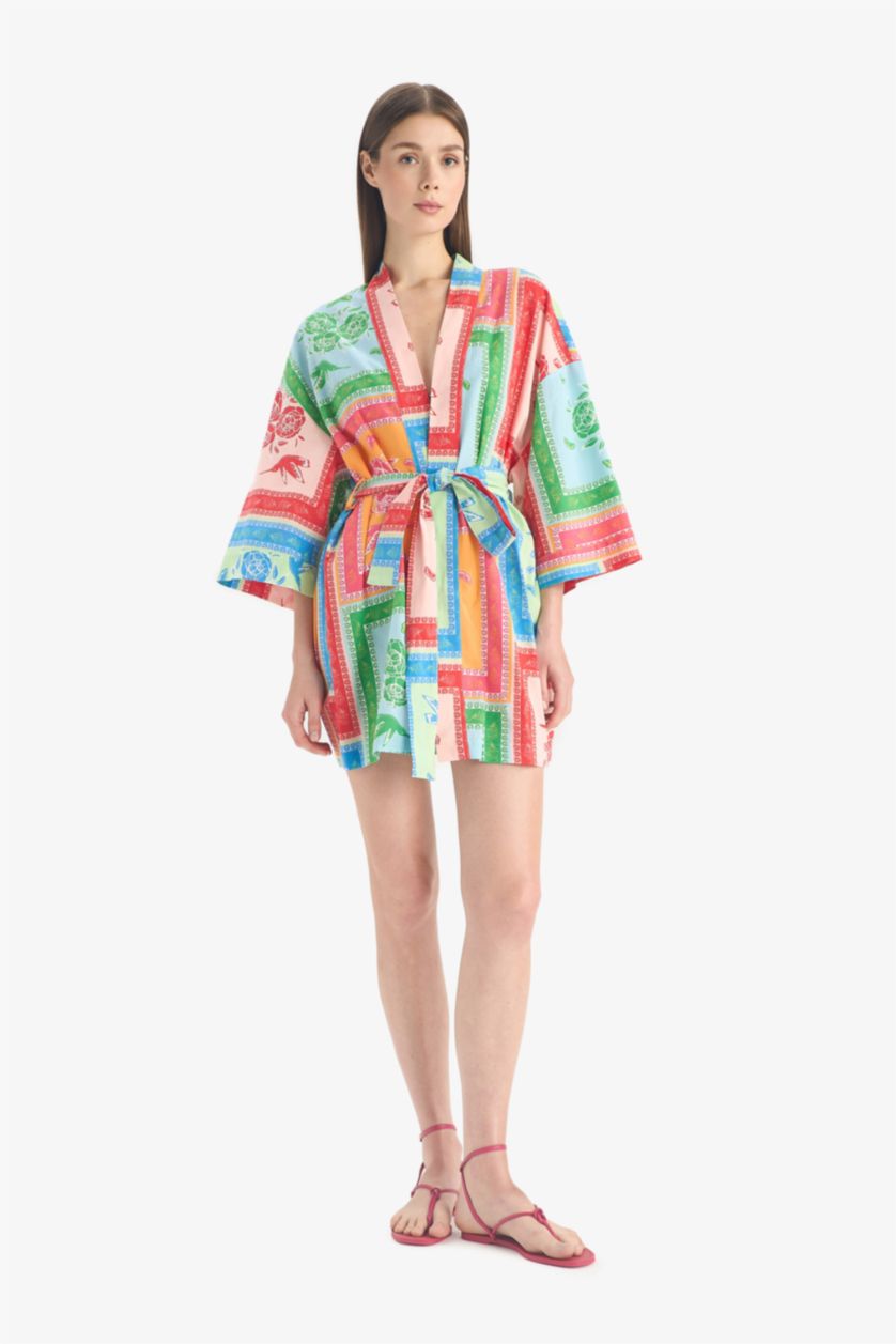 Kadın Pembe Regular Fit Desenli Kuşaklı Pamuklu Kimono