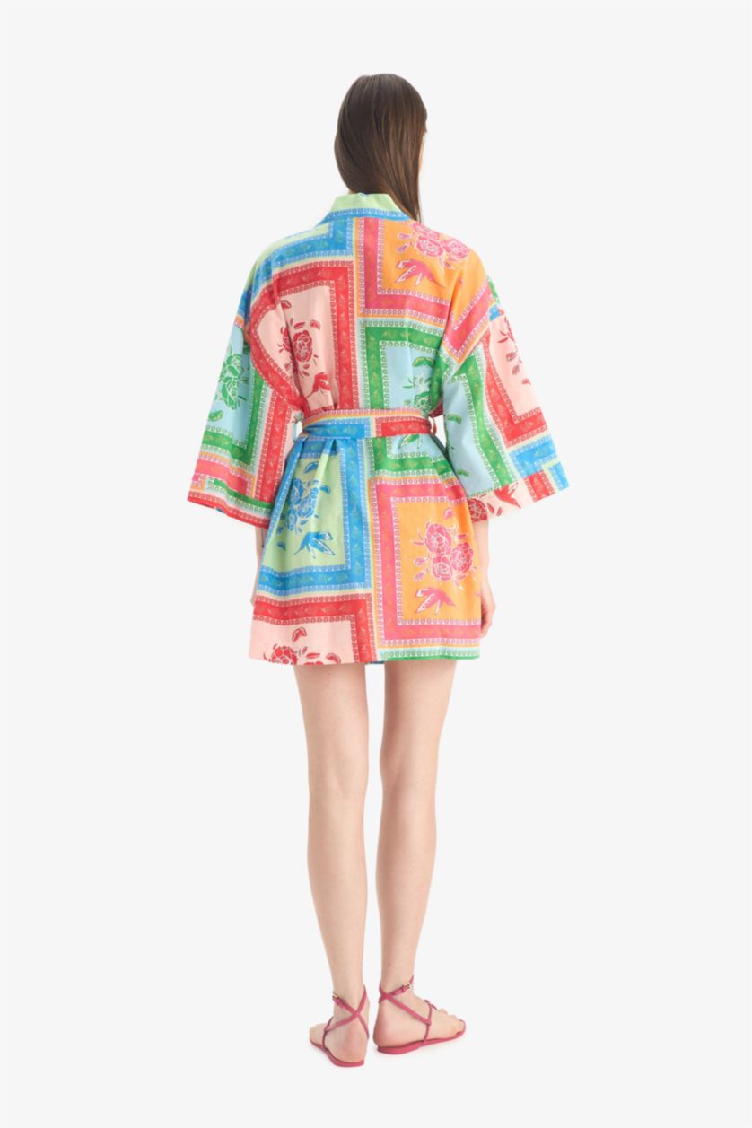 Kadın Pembe Regular Fit Desenli Kuşaklı Pamuklu Kimono