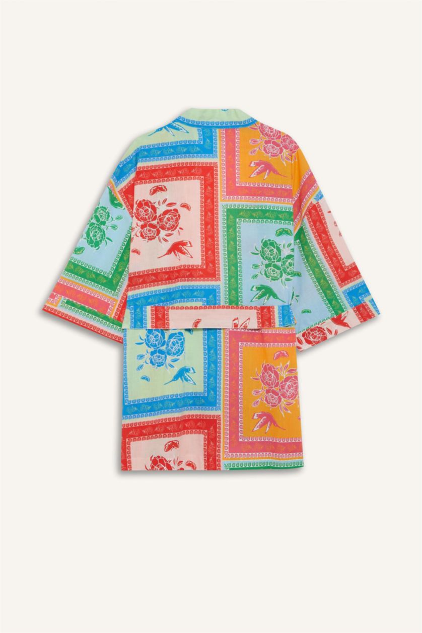 Kadın Pembe Regular Fit Desenli Kuşaklı Pamuklu Kimono