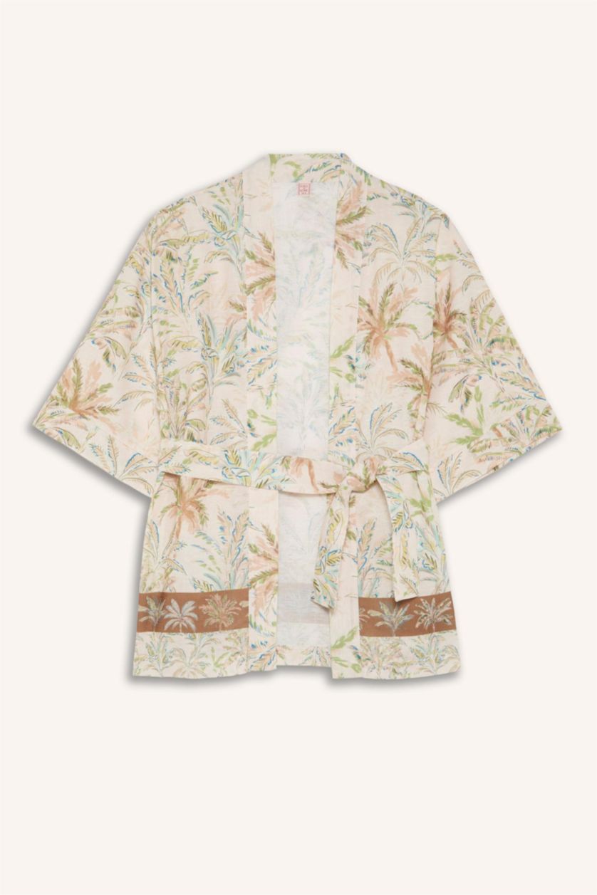 Woman Ecru Regular Fit Patterned Belted Kimono