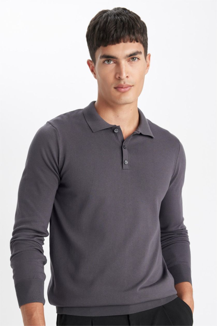 MAN Anthracite Standard Fit Polo Neck Soft Textured Premium Knit Pullover