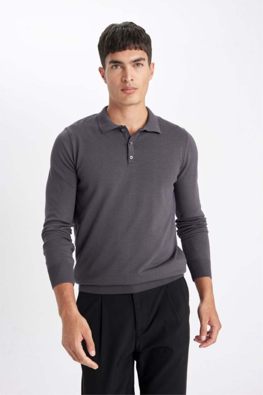 MAN Anthracite Standard Fit Polo Neck Soft Textured Premium Knit Pullover