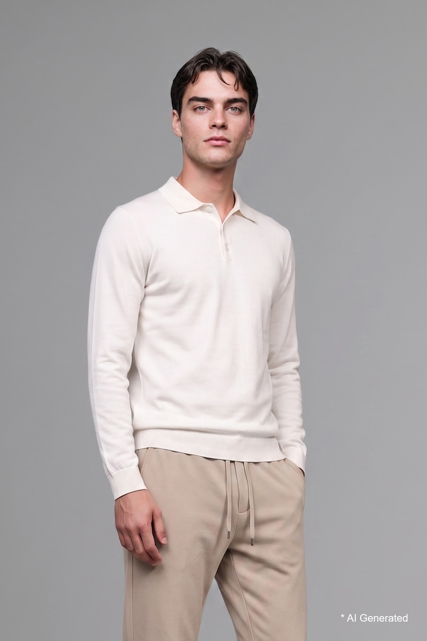 Erkek Ekru Standart Fıt Polo Yaka Kazak